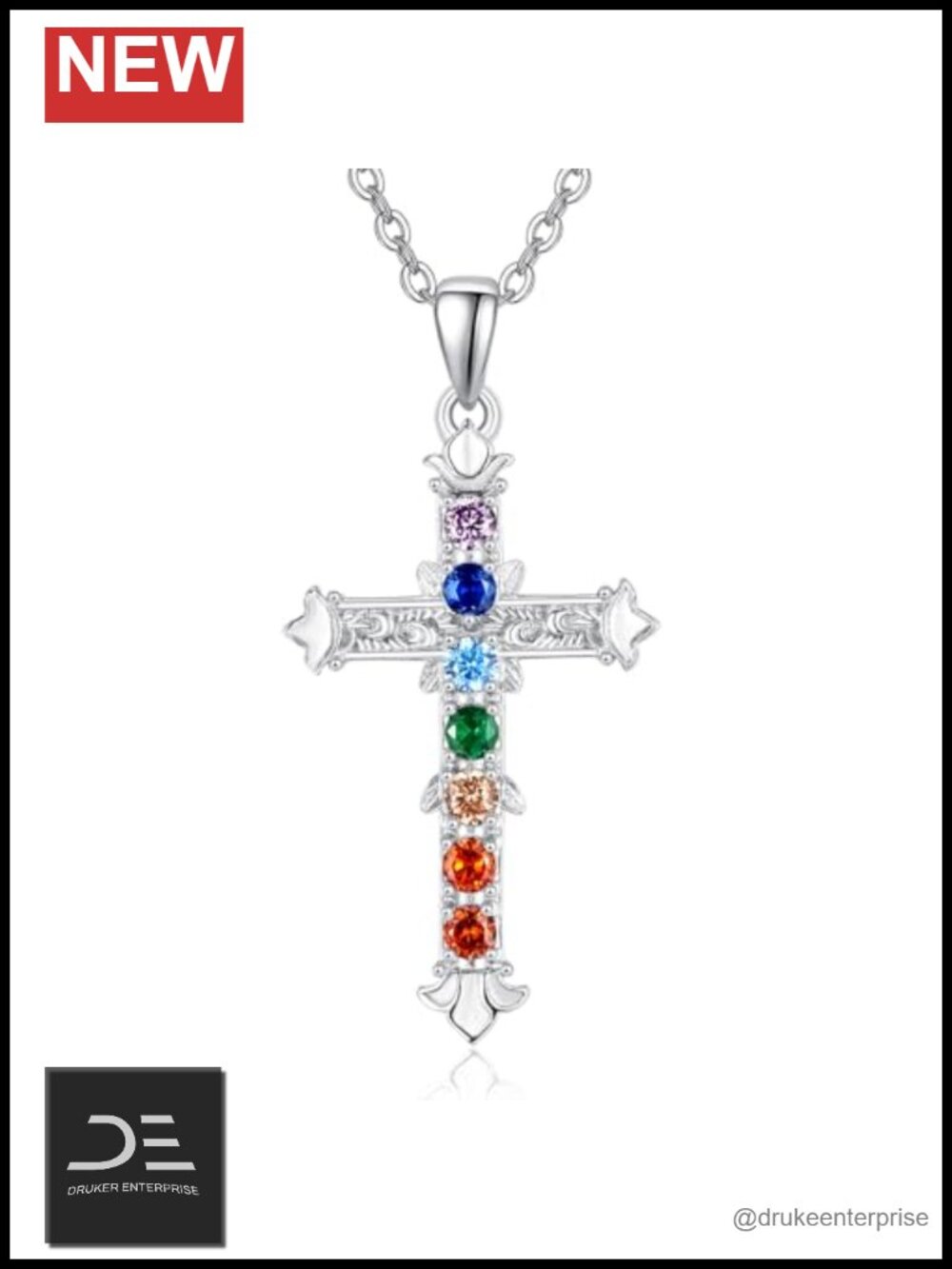 7 Chakra Cross Pendant Necklace Healing Spiritual Jewelry Silver CZ Meditation